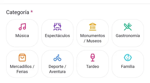 Las 8 categorías de planes de WannaNow: Música, Espectáculos, Monumentos y Museos, Gastronomía, Mercadillos y Ferias, Deporte y Aventura, Tardeo y Familia