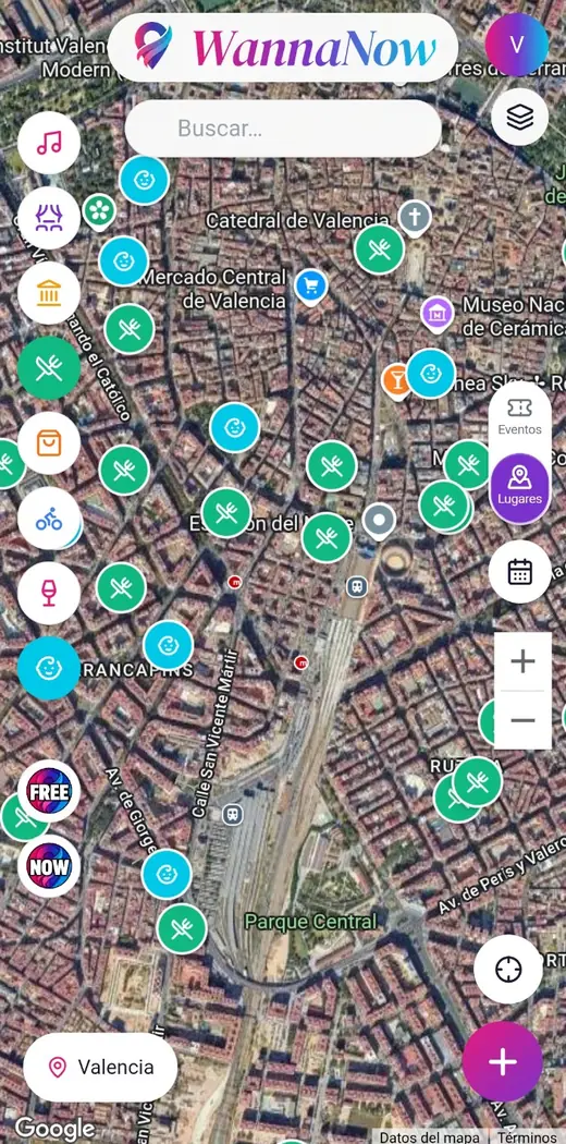 Mapa de WannaNow con planes de gastronomía y actividades en familia en el centro de Valencia