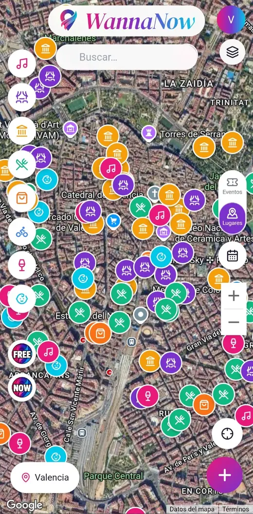 Mira qué pasa: mapa de la app WannaNow con eventos y planes en el centro de Valencia en tiempo real